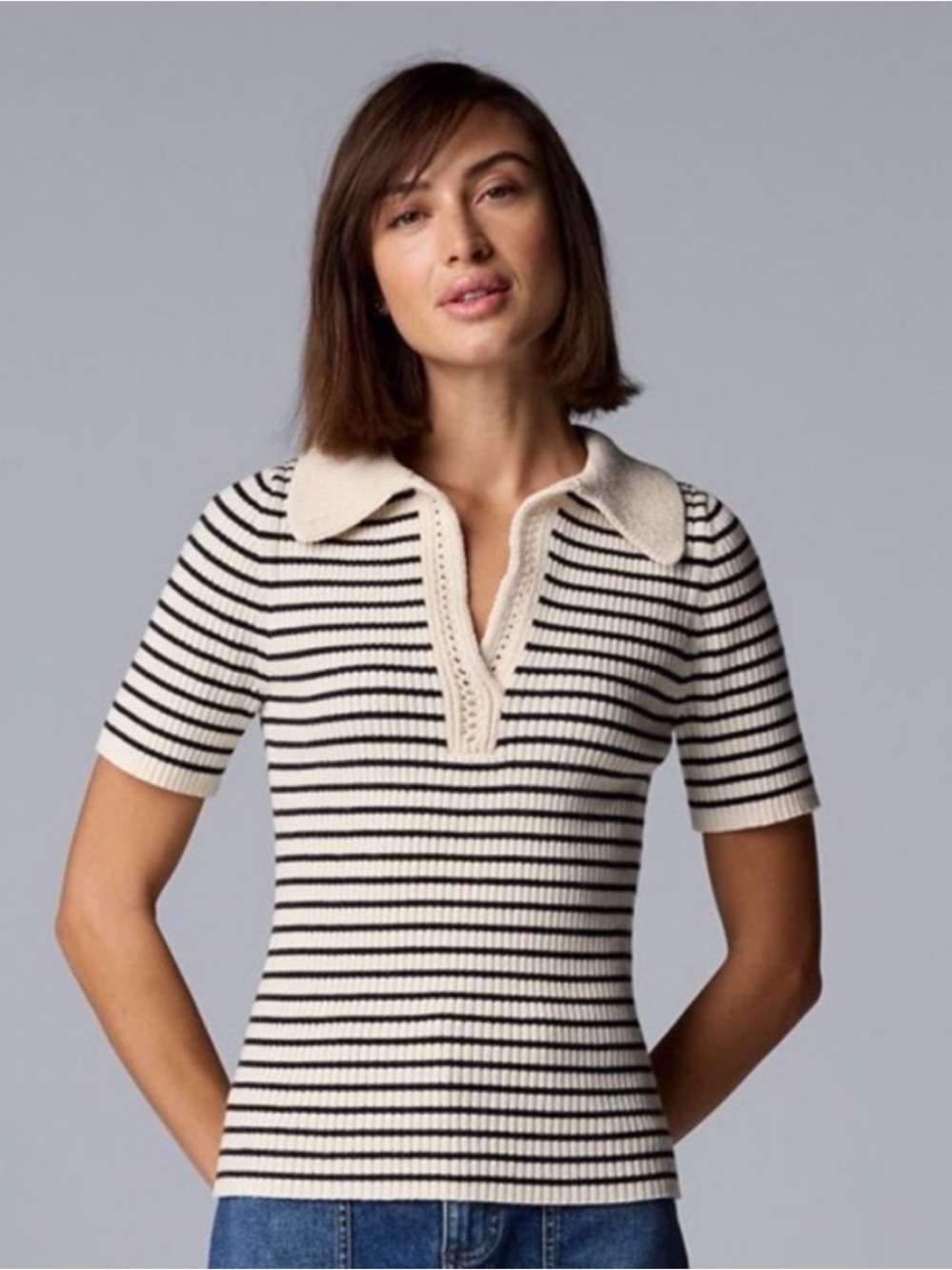 Simply Vera Wang Striped Knit Polo Top in Cream & Black
